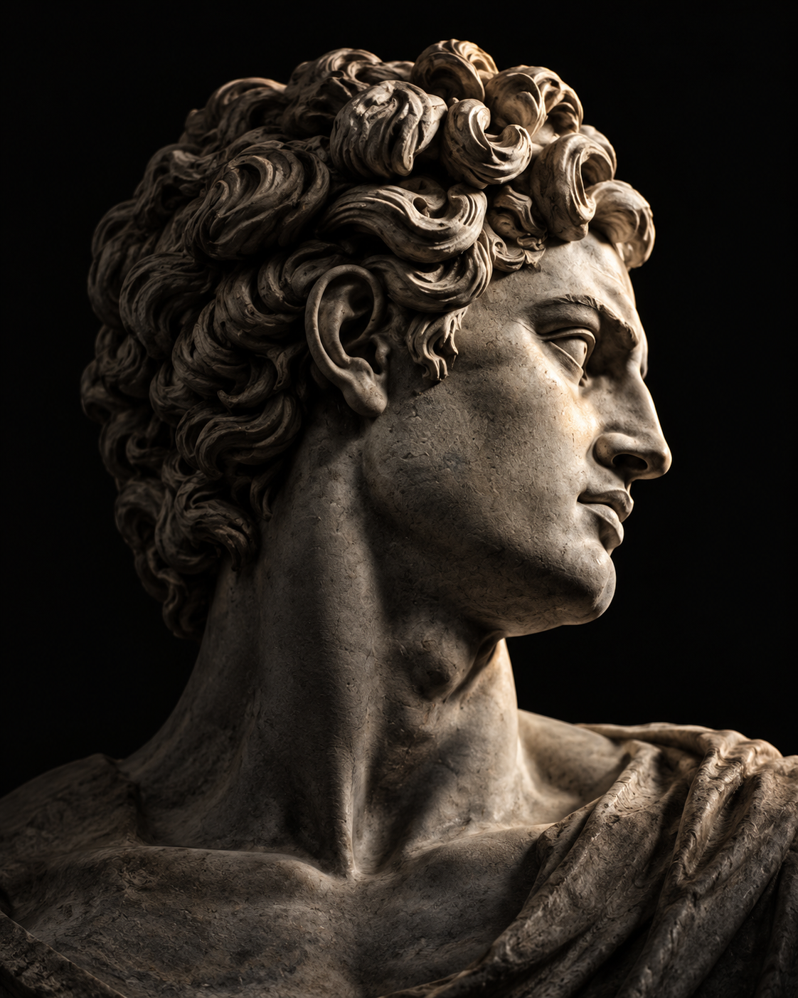 Escultura clássica de mármore com o rosto voltado para o futuro